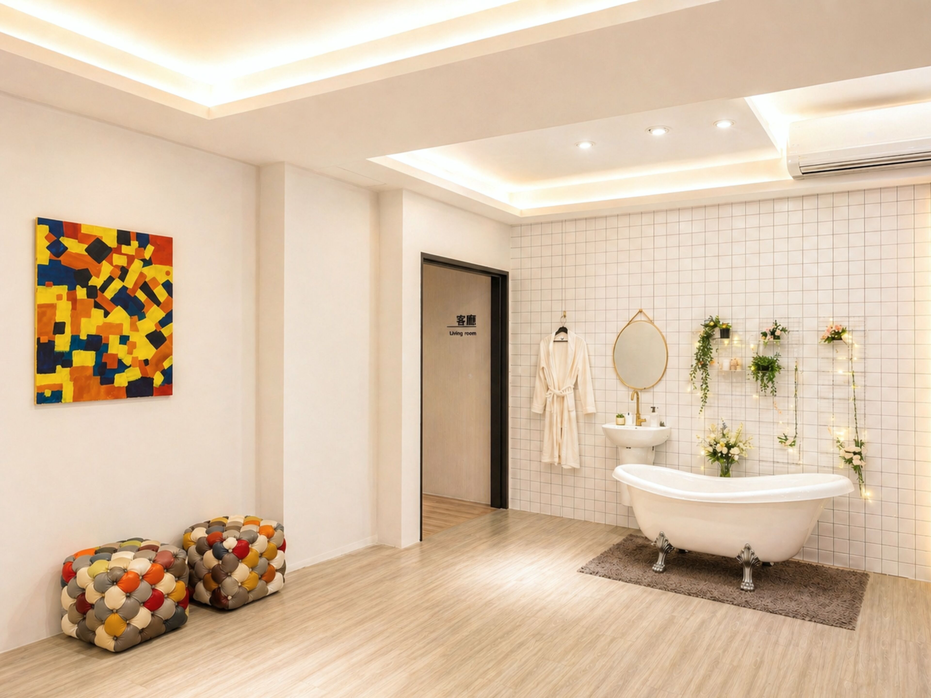 Ein modernes Badezimmer mit freistehender Badewanne, einem Waschbecken inklusive Spiegel und einer an der Wand montierten Toilette. An der Wand hängt ein farbenfrohes abstraktes Gemälde und eine Tür ist mit 'Wohnzimmer' beschriftet.