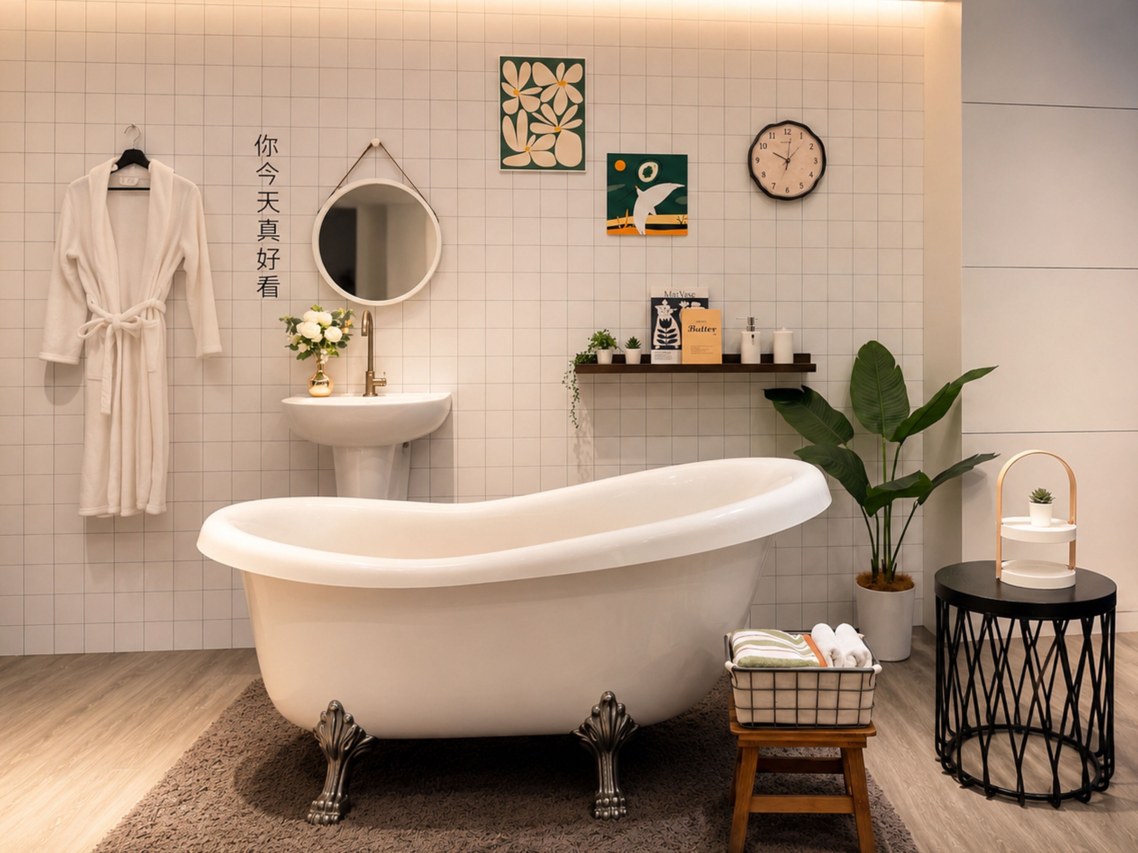 A bathroom with a freestanding bathtub, a round mirror, a sink, and a shelf with toiletries.