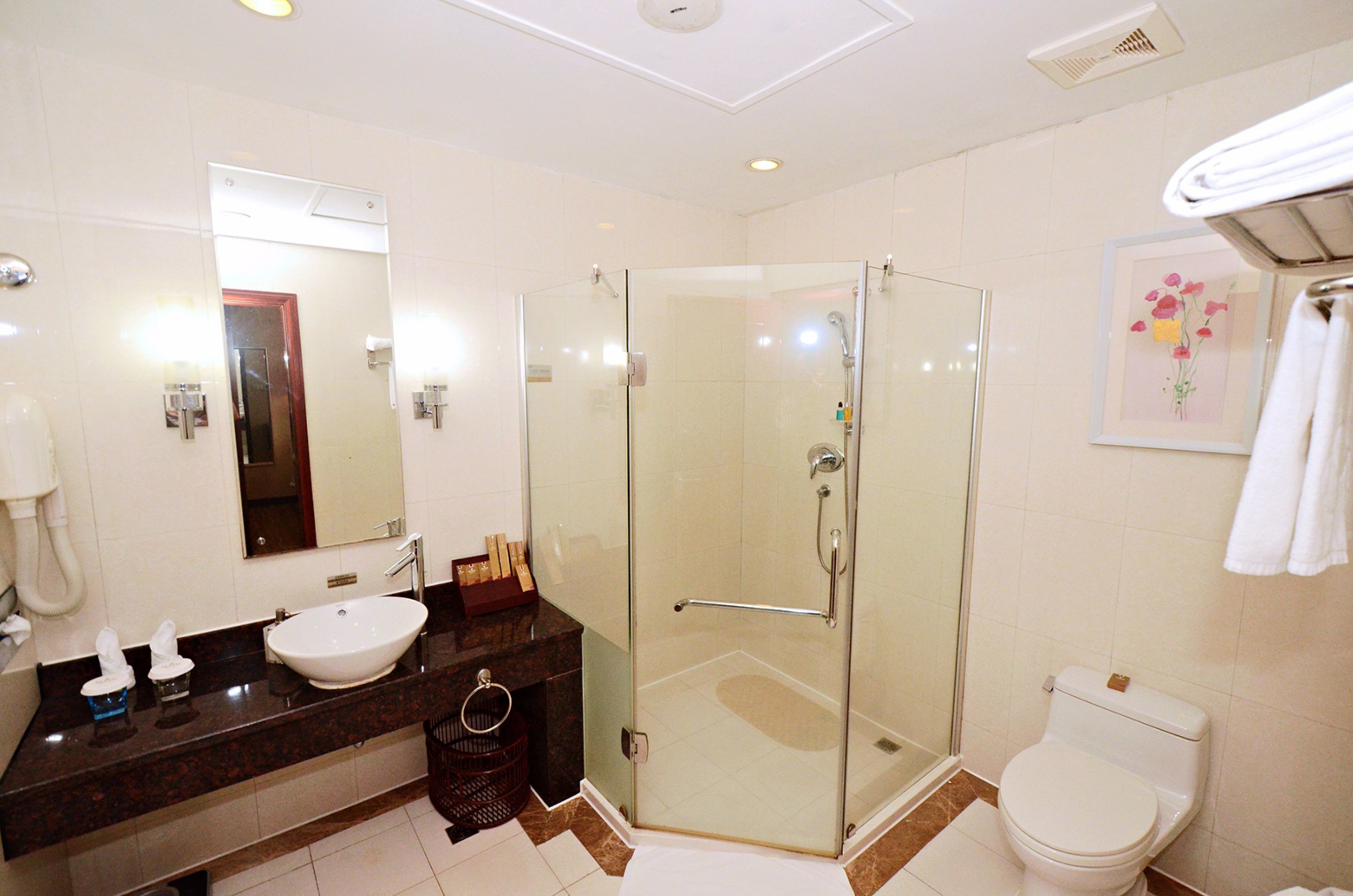 bathroom | shower, free toiletries, hair dryer, slippers