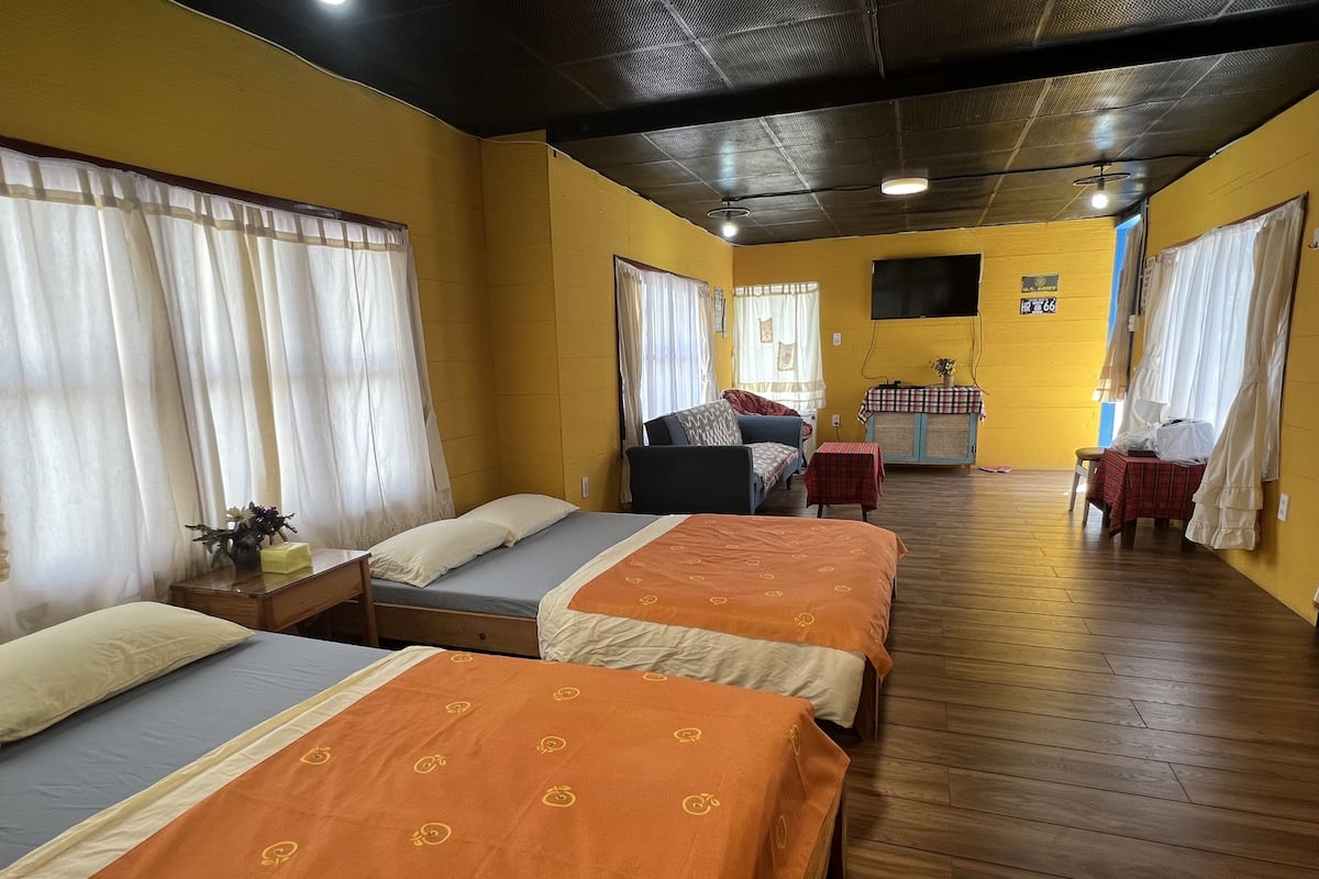 A hotel room with three beds, a sofa, a TV, and a small table with a flower vase.