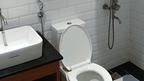 Un baño con inodoro blanco, lavamanos y ducha.