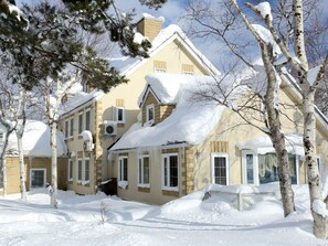 A two-story house with a snow-covered roof and windows, surrounded by trees and a snowy landscape. - Aara Wakka (Hachimantai)