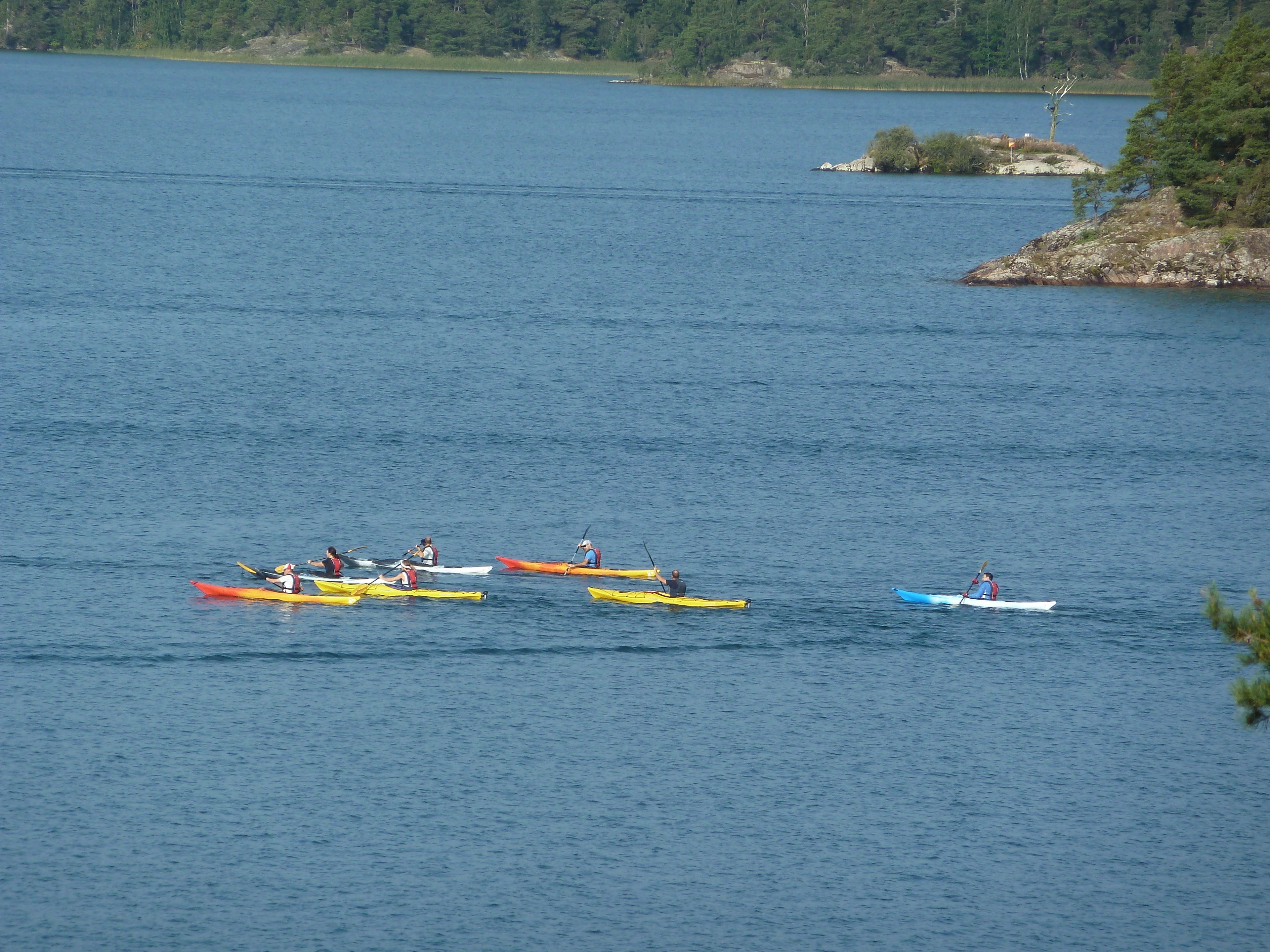 A calm lake with several kayaks on the water.