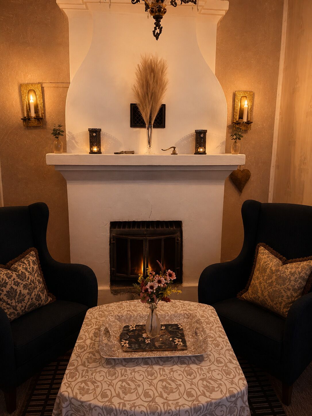 A room with a fireplace, two armchairs, a table with a vase of flowers, and wall sconces.