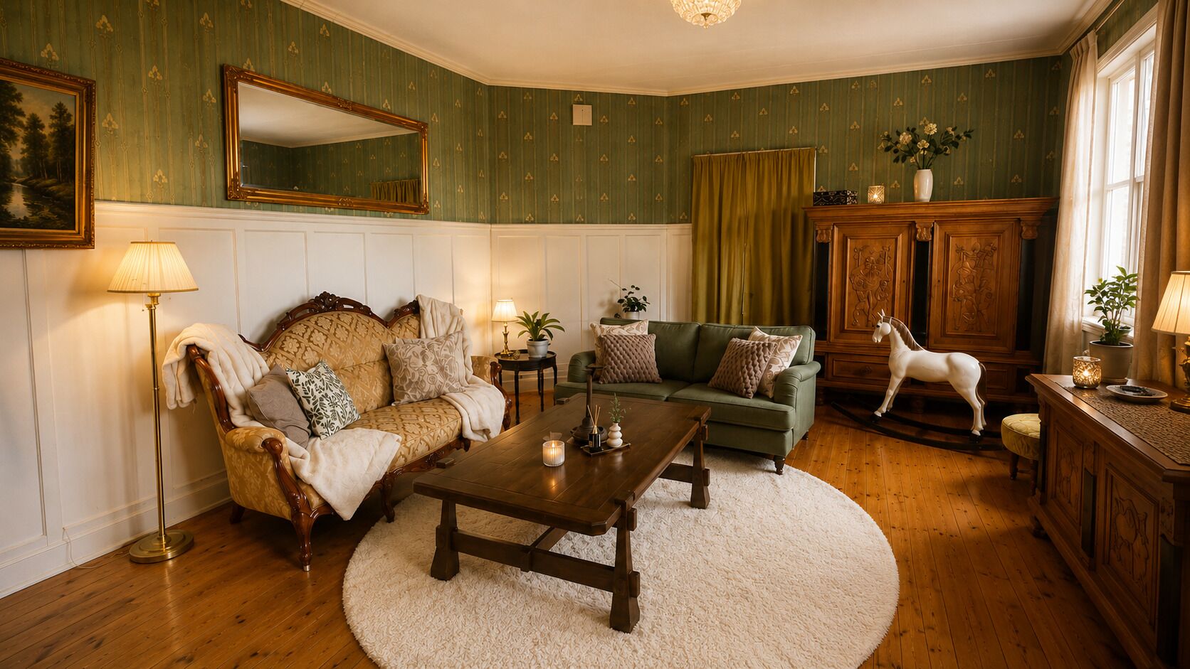 Una sala de estar tradicional con sofá, sillón y mesa de centro.