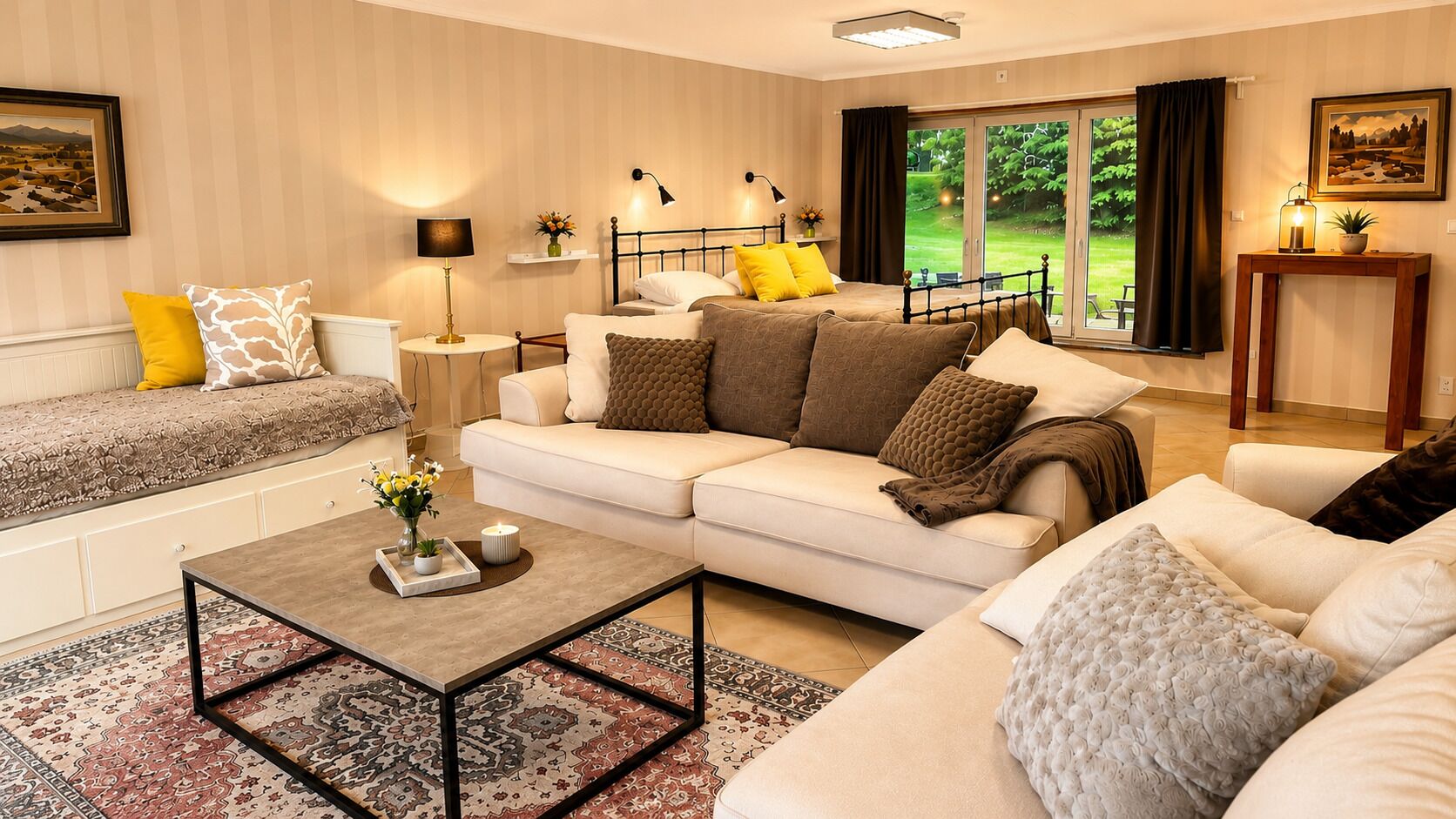 A well-lit living room with a sofa set, a coffee table, and a view of a garden through a sliding door.