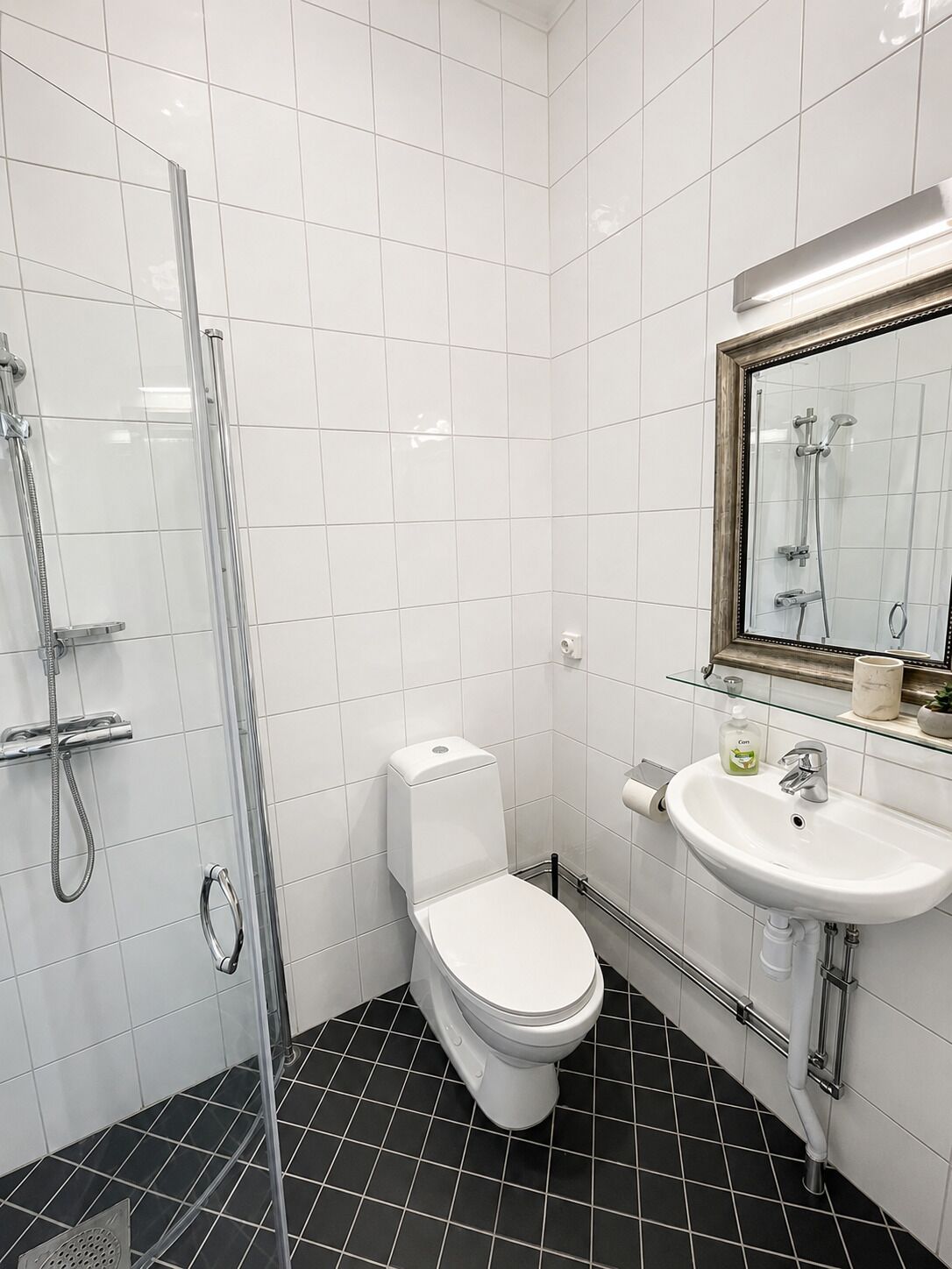 A bathroom with a toilet, a sink, a glass shower enclosure, and a mirror.