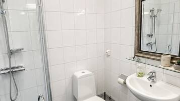 A bathroom with a toilet, a sink, a glass shower enclosure, and a mirror.