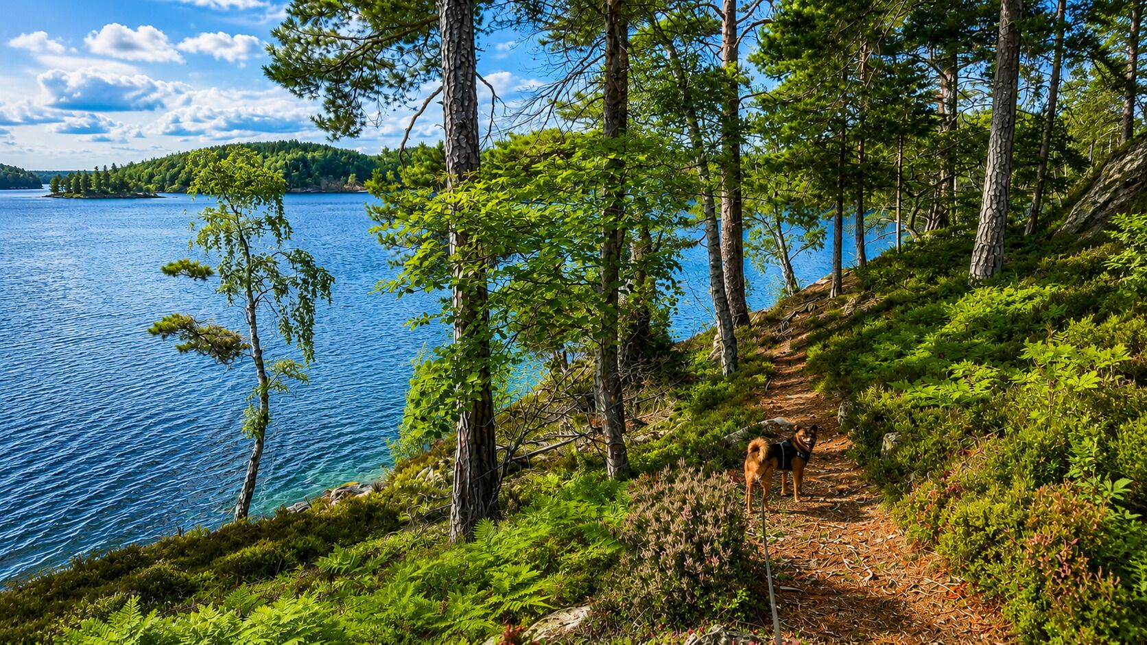 A forested area with a clear view of a lake and a trail.
