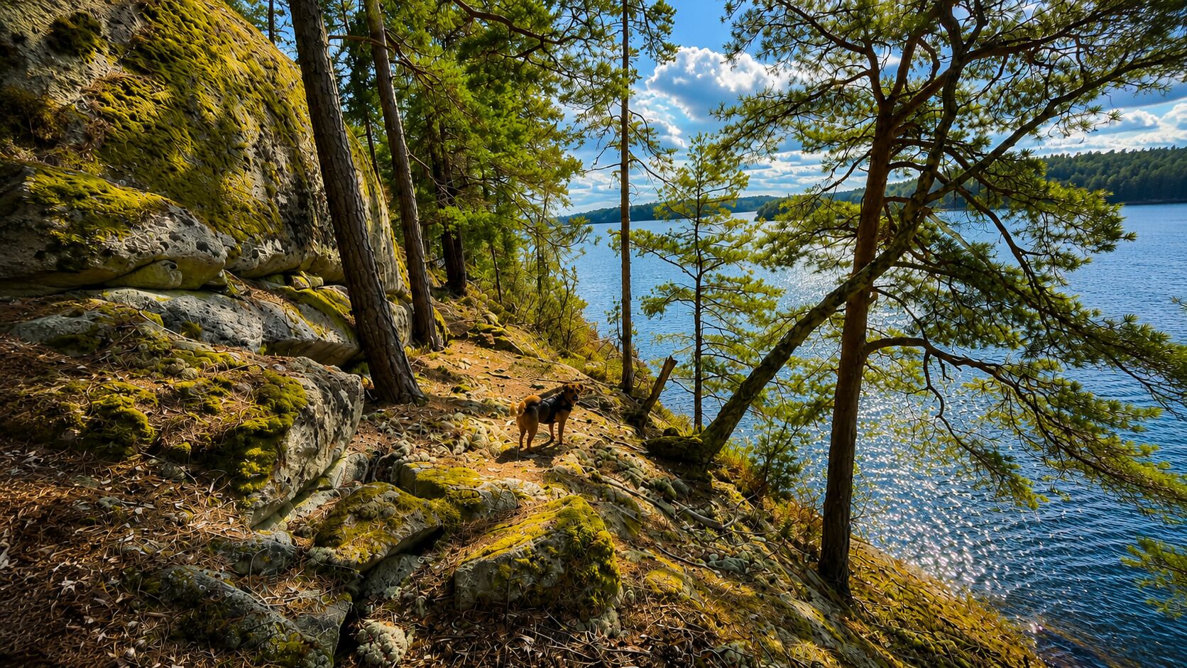 A natural landscape with a body of water, trees, and a dog on a rocky terrain.