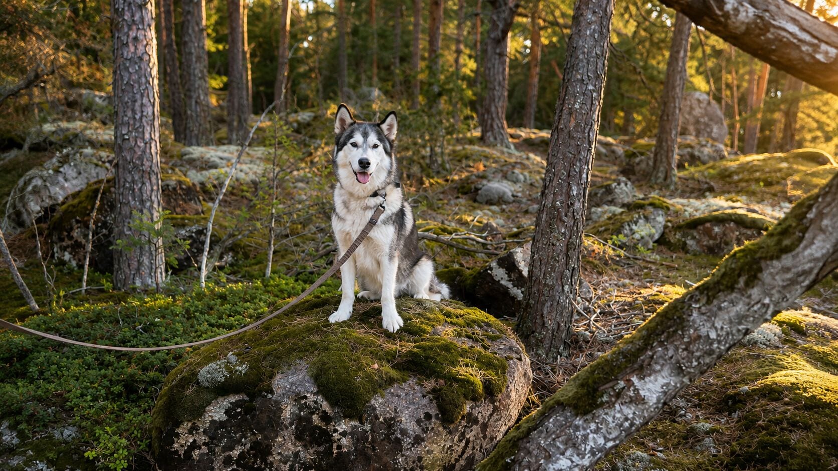 A husky dog sitting on a moss-covered rock in a forest.