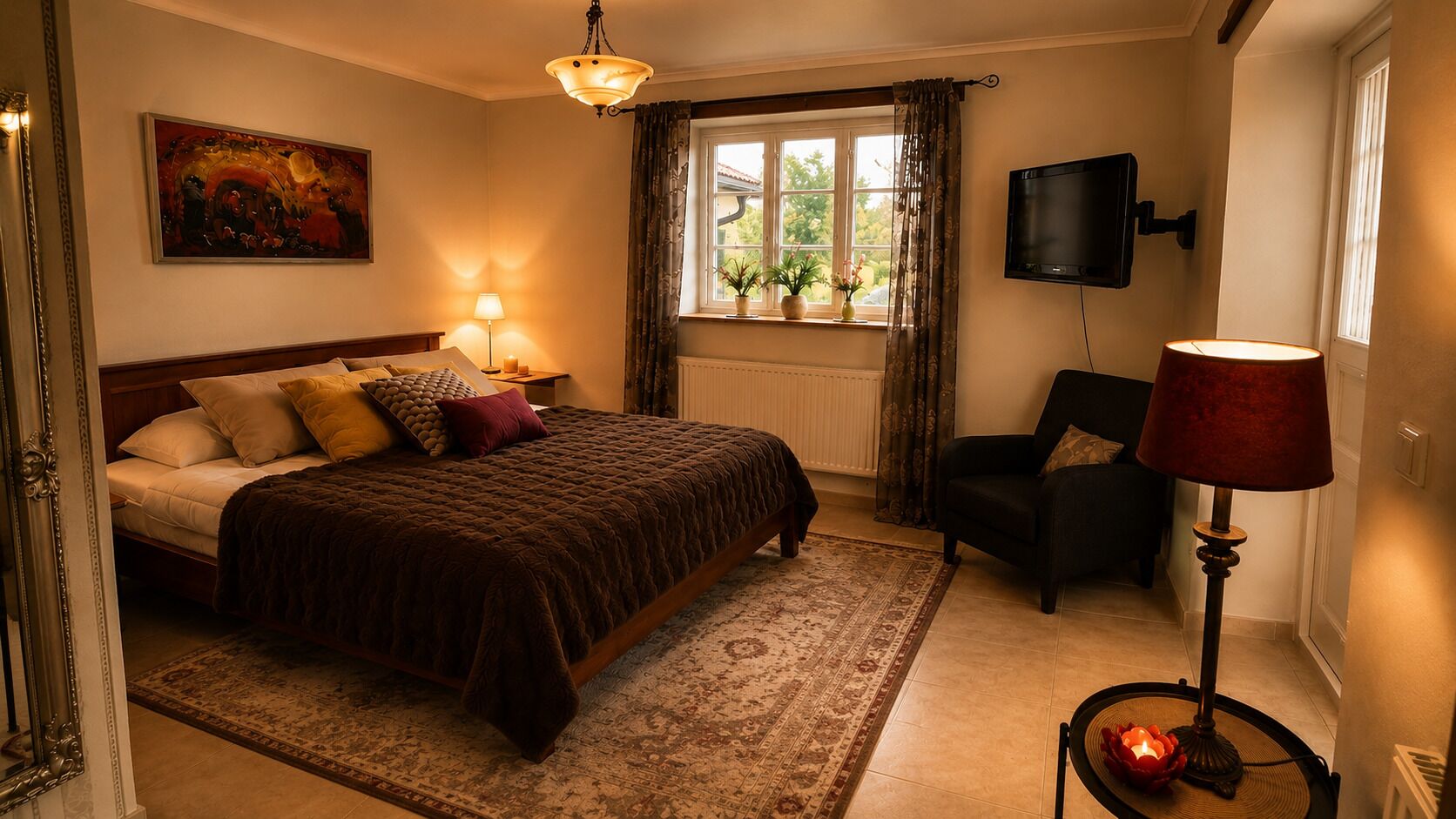 A bedroom with a bed, bedside lamp, chair, TV, and a window with curtains.
