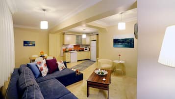 Family Apartment, 1 King Bed with Sofa bed, Kitchen, City View | Living area | 43-inch flat-screen TV with satellite channels, LED TV