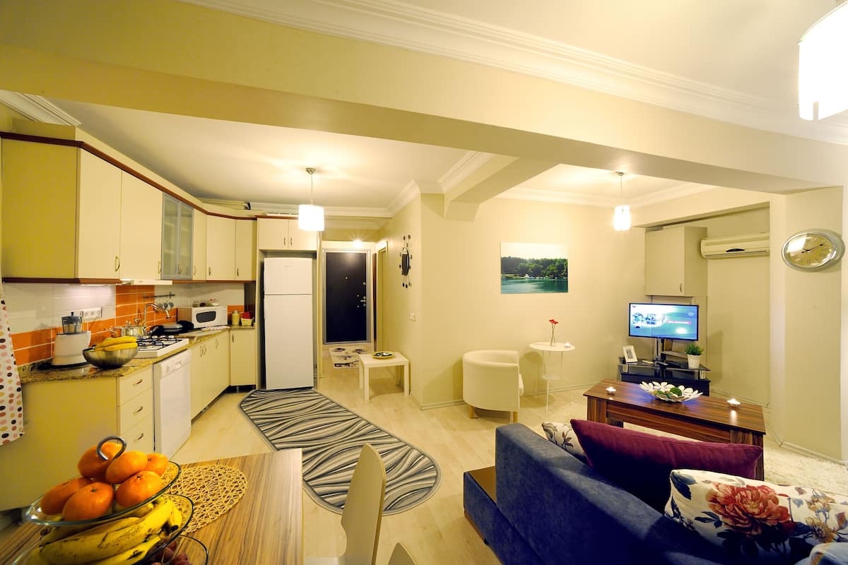 Appartamento familiare, 1 letto king con divano letto, cucina, vista città | Soggiorno | TV a schermo piatto 43 pollici con canali satellitari, TV LED