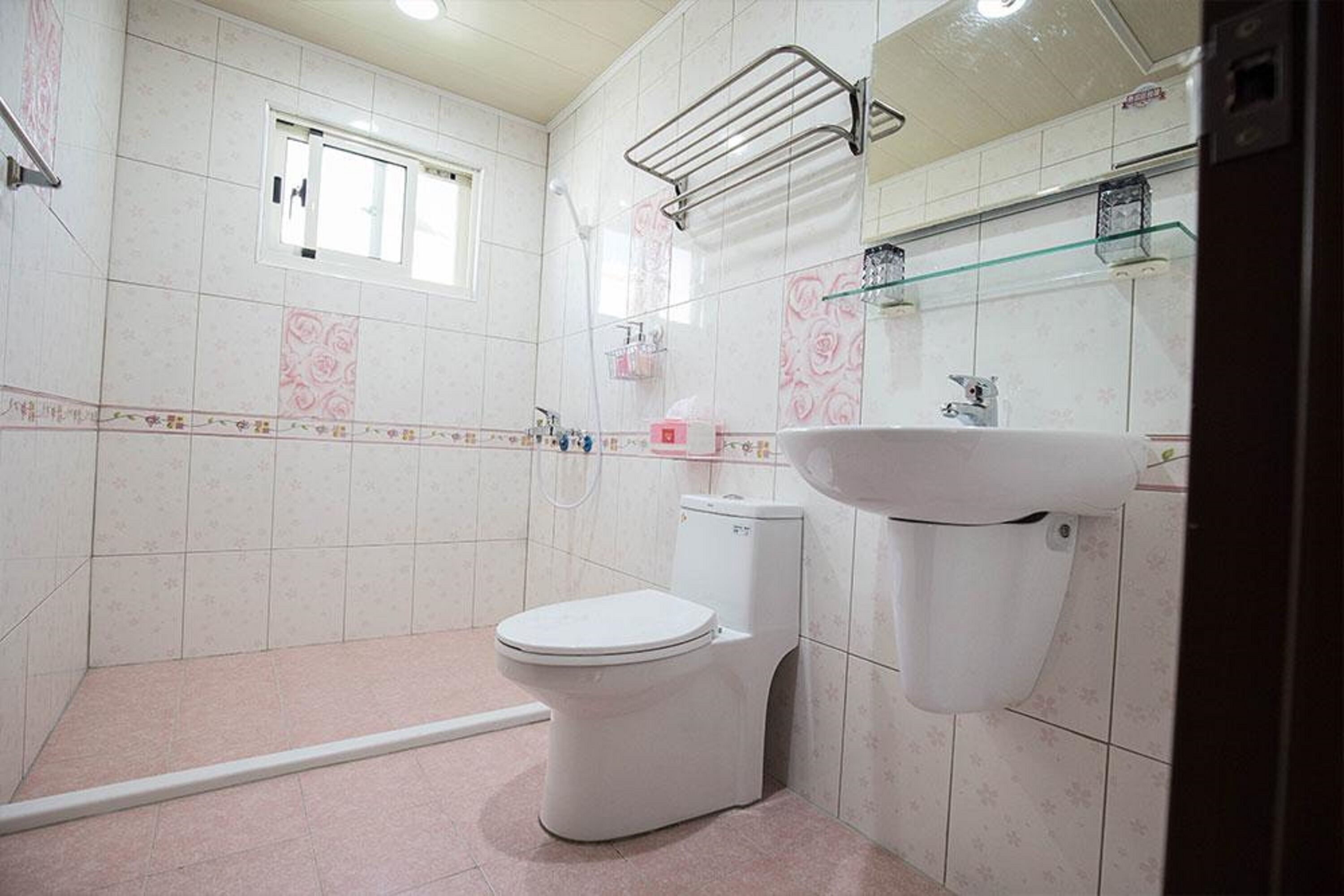 Une salle de bain avec des toilettes, un lavabo et une douche.