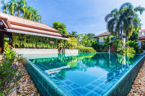 Outdoor pool, pool loungers