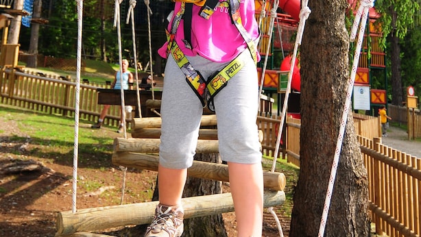 A person on a rope bridge at an outdoor adventure park. - FERIENHAUS-TOELDERERHOF (Strassen)