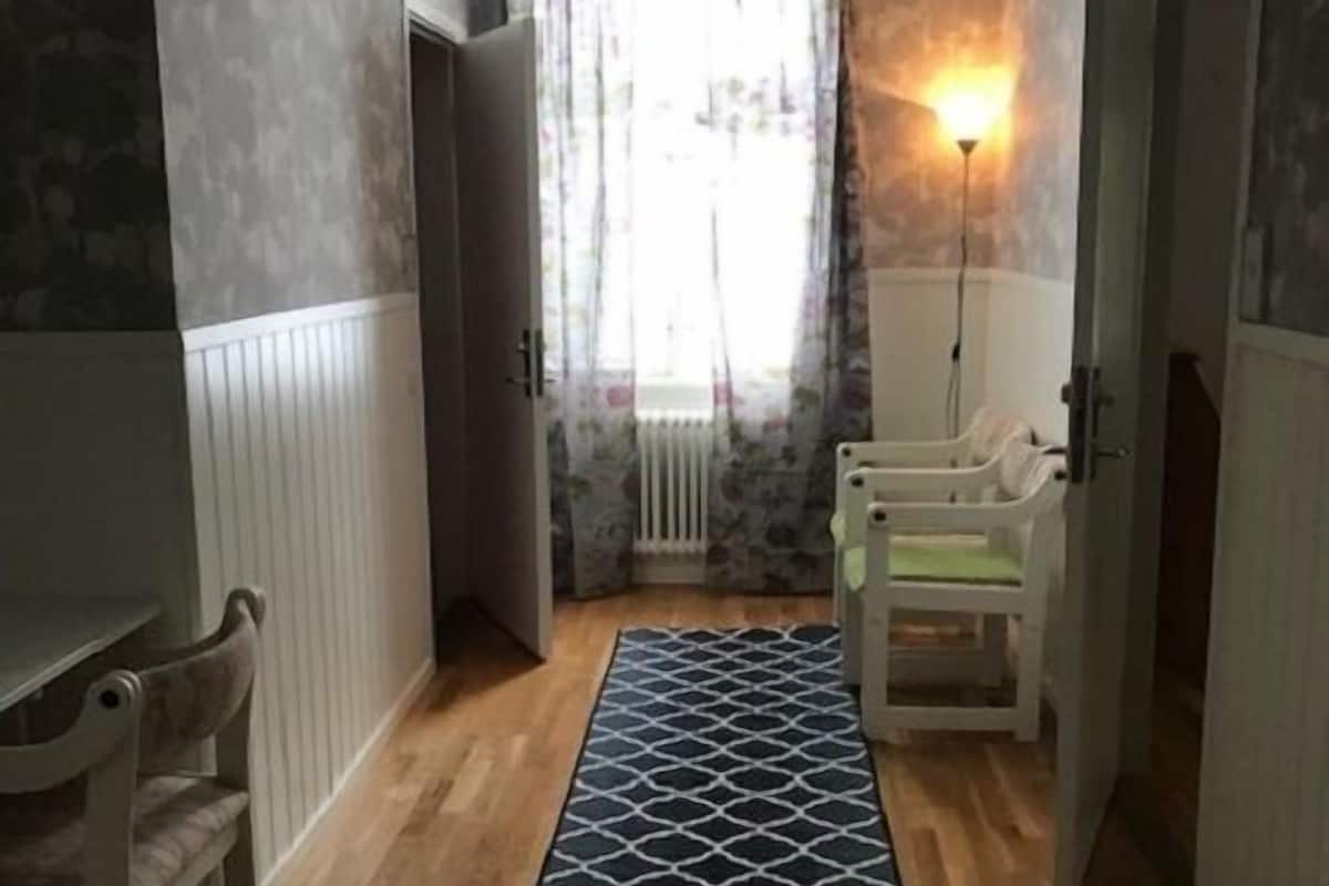 A narrow hallway with a patterned rug, a radiator, and a window with curtains.
