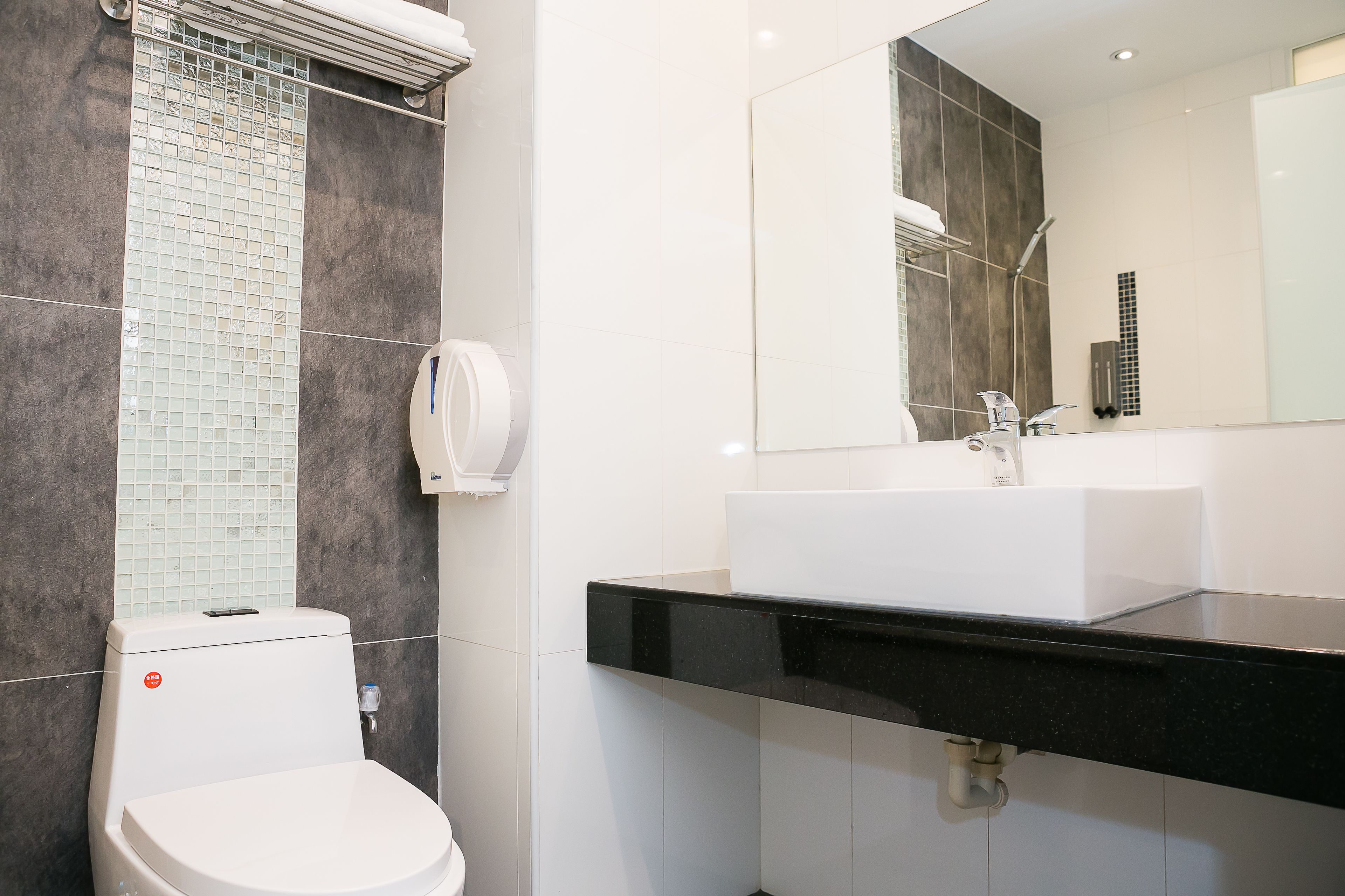 Une salle de bain moderne équipée de toilettes, d’un lavabo et d’une douche.