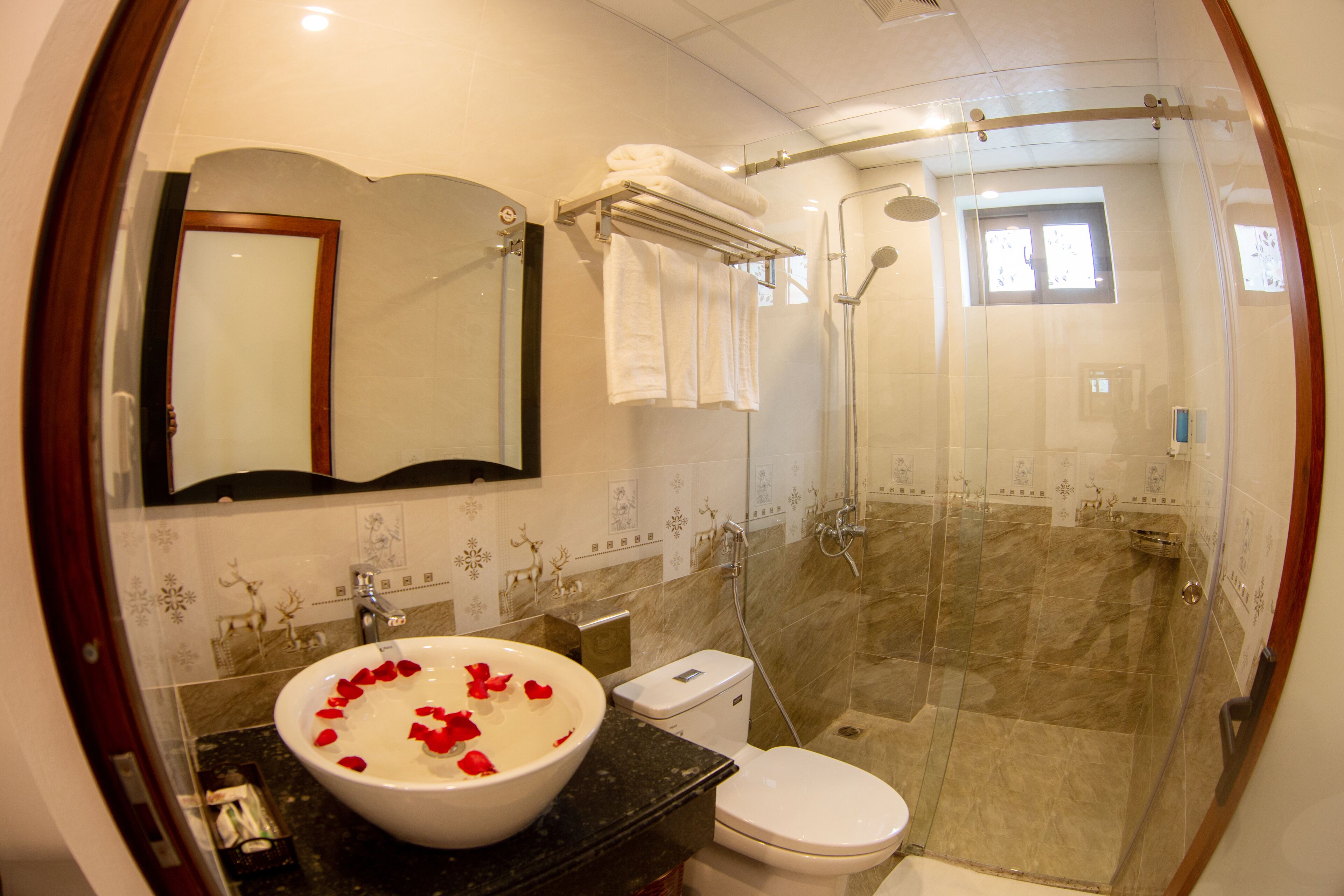 Un baño con ducha envuelta en vidrio, un lavabo blanco adornado con pétalos de rosa y un inodoro.