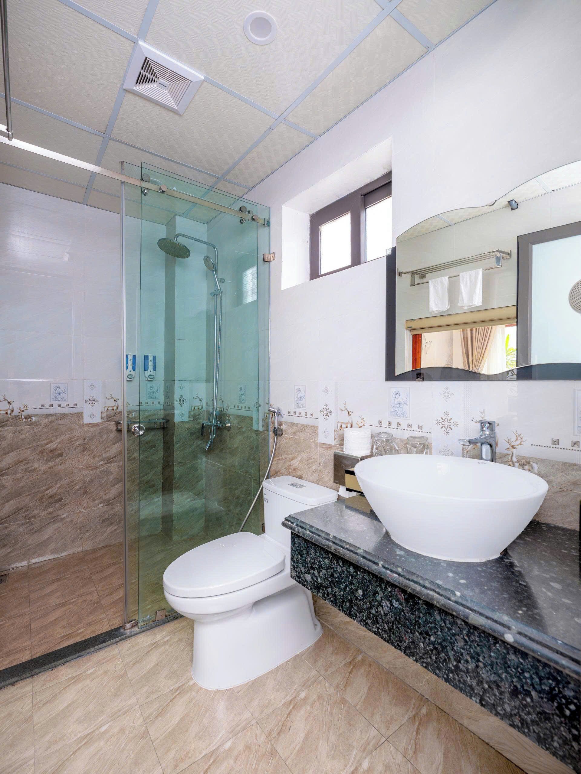 A modern bathroom with a glass-enclosed shower, a white toilet, and a large vessel sink.