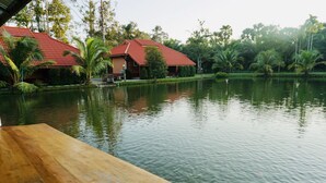 Une terrasse en bois surplombe un lac paisible, avec une maison en arrière-plan.