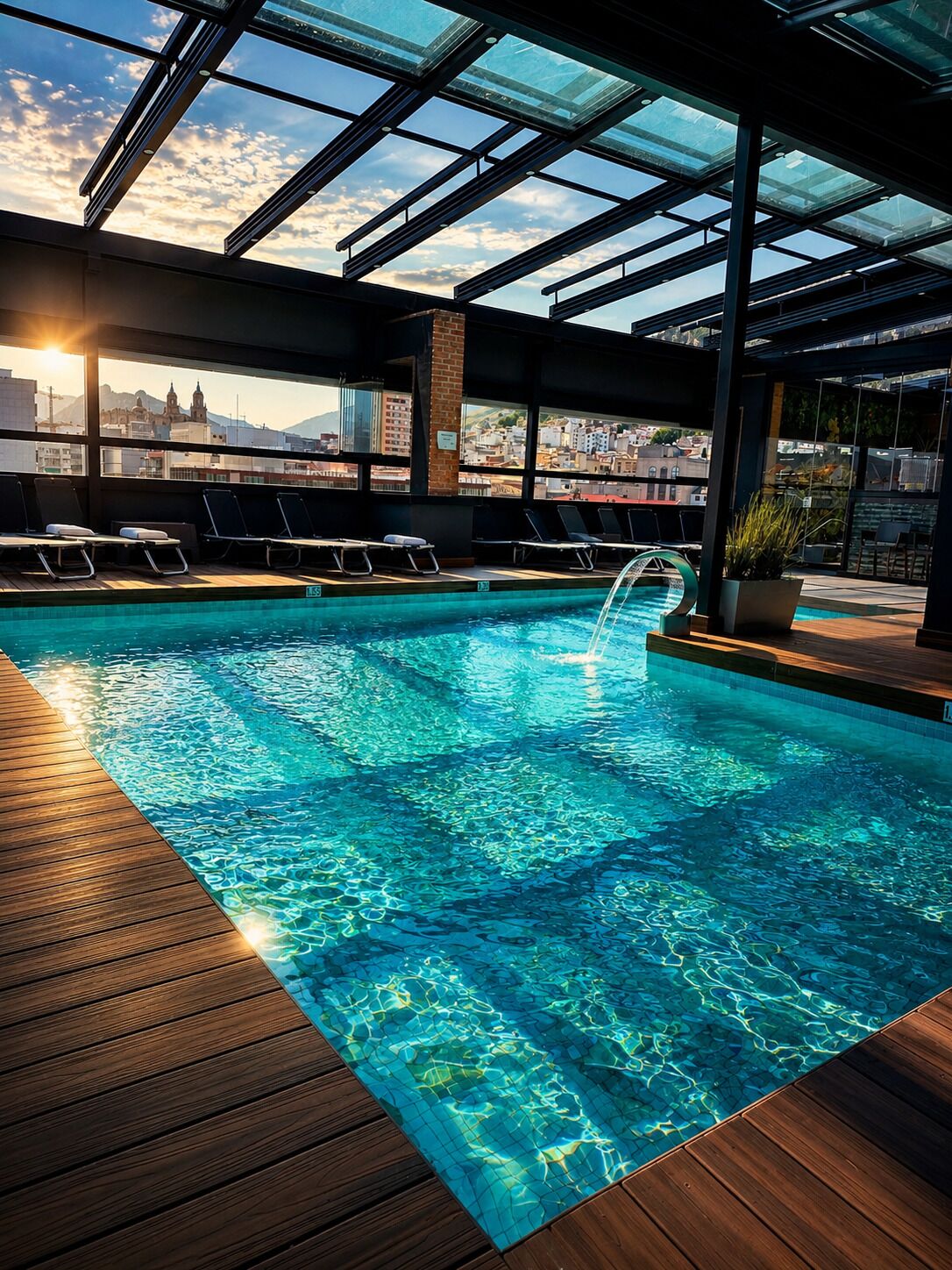 Indoor pool, open 11:00 AM to 8:00 PM, pool umbrellas, sun loungers