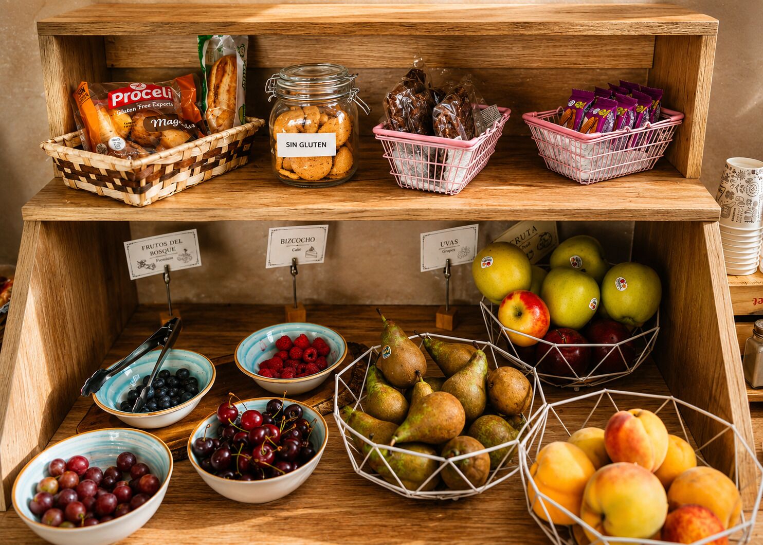 Een etalage met diverse producten, waaronder brood, koekjes en fruit.