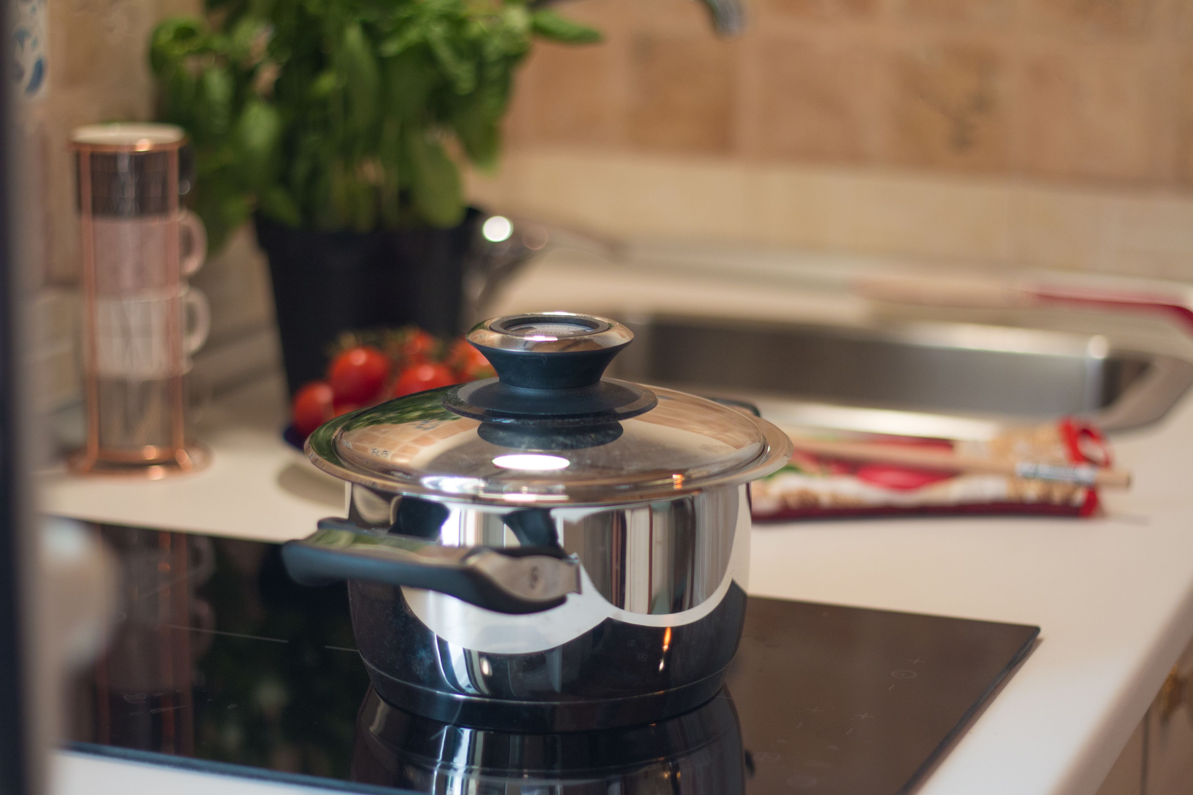 Una cocina con estufa, una olla, una planta en maceta y una taza de café.