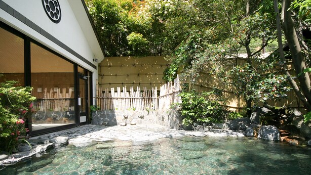 Piscina esterna trasparente con bordo in pietra, circondata da una recinzione in legno e vegetazione lussureggiante.