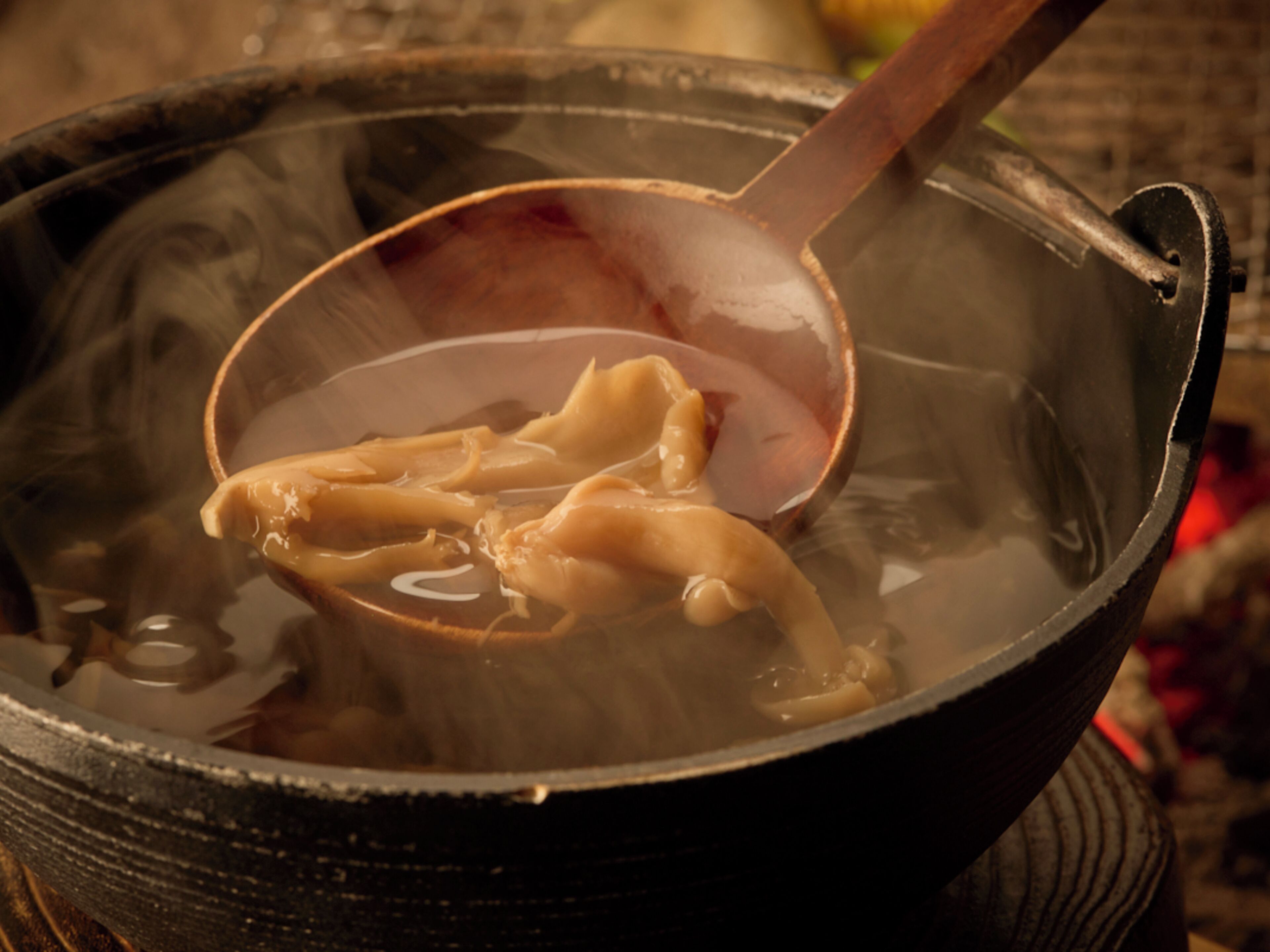 A close-up of a traditional cooking pot with a ladle, containing a steaming hot soup with dumplings.
