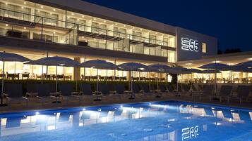 Indoor pool, outdoor pool, pool umbrellas, pool loungers