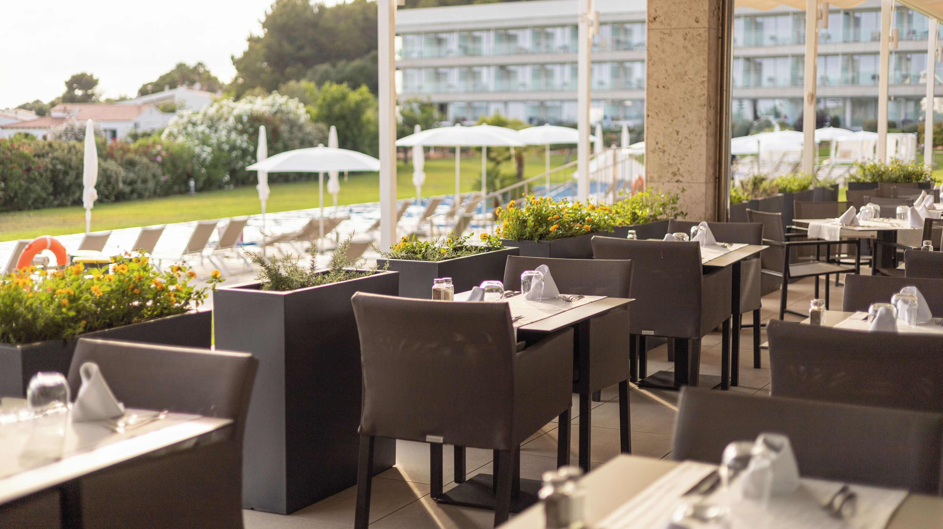 Un espace extérieur aménagé pour les repas, avec des tables et des chaises, dont certaines sont dotées de parasols. On y trouve également des plantes en pot et, en arrière-plan, une vue sur un bâtiment.