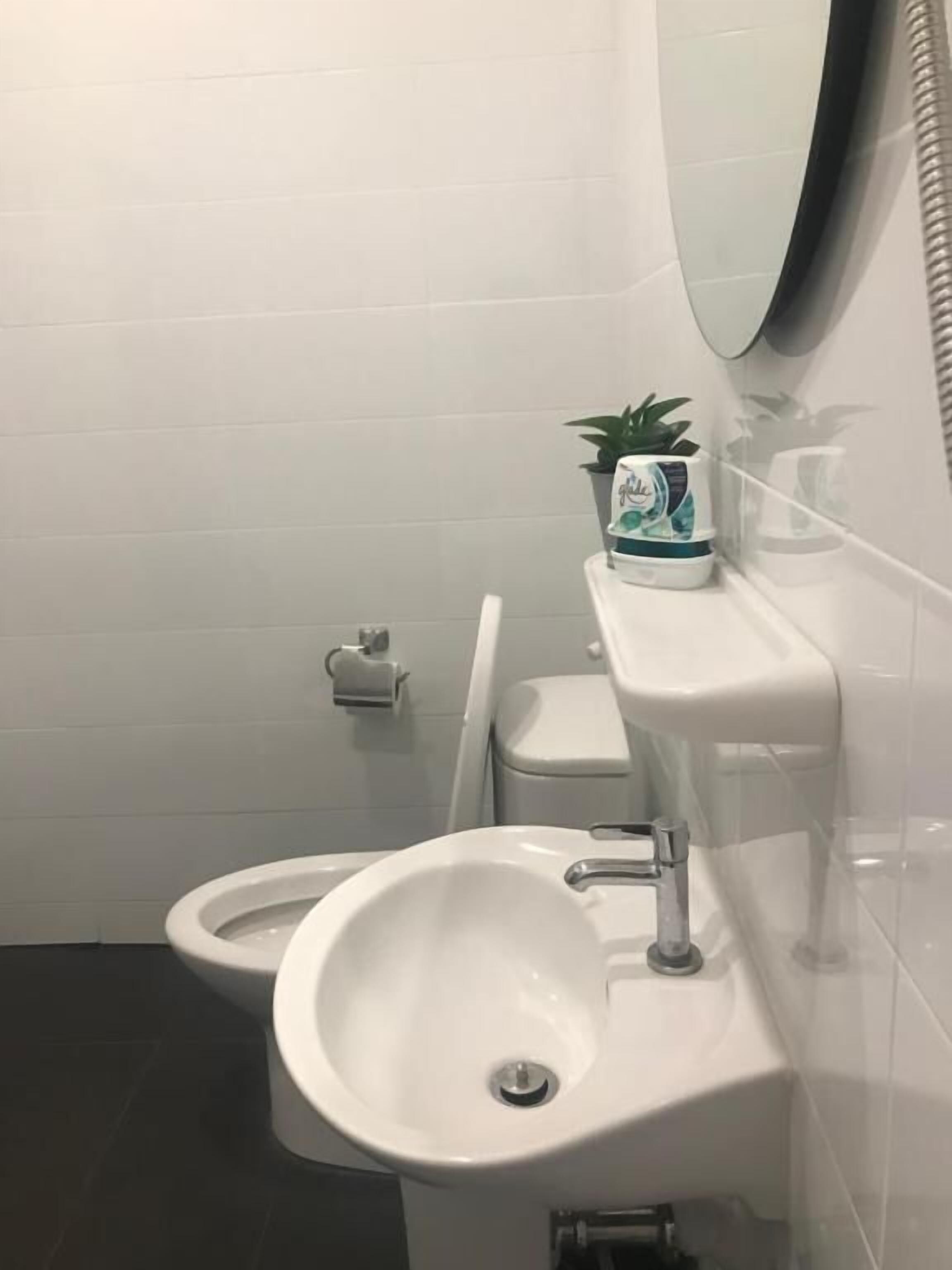 A bathroom with a white sink, a bidet, and a toilet. There is a small potted plant on a shelf above the toilet.