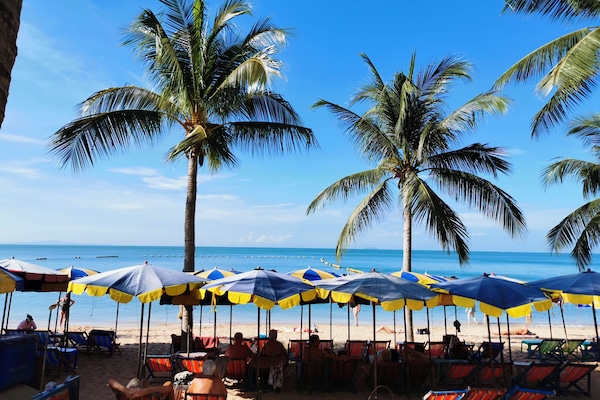 On the beach, waterskiing