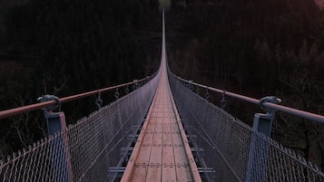 A suspension bridge with a wooden walkway and metal railings, surrounded by dense forest.