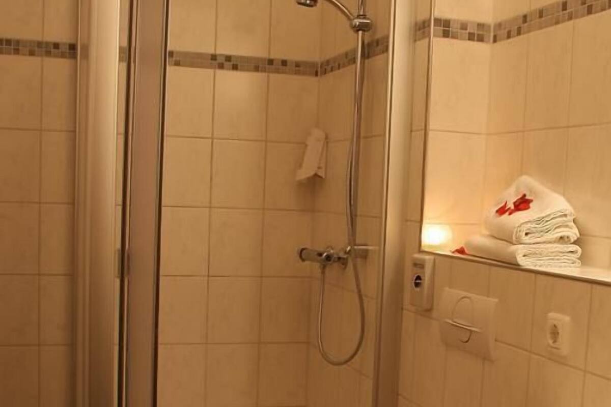 shower, free toiletries, hair dryer, towels