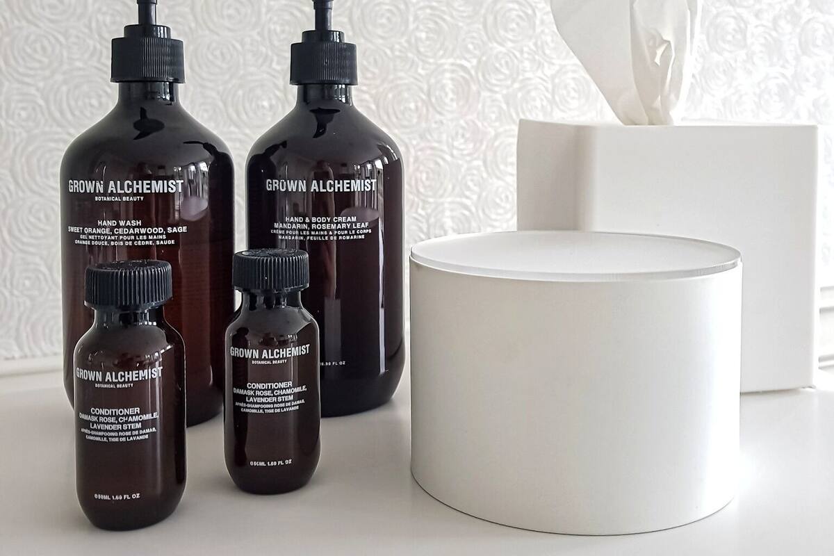 rainfall showerhead, designer toiletries, hair dryer, bathrobes