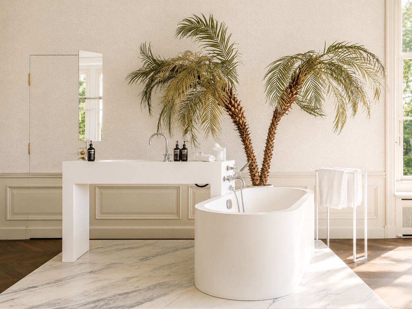 Un baño con un tocador blanco, una bañera grande y dos plantas de palma.