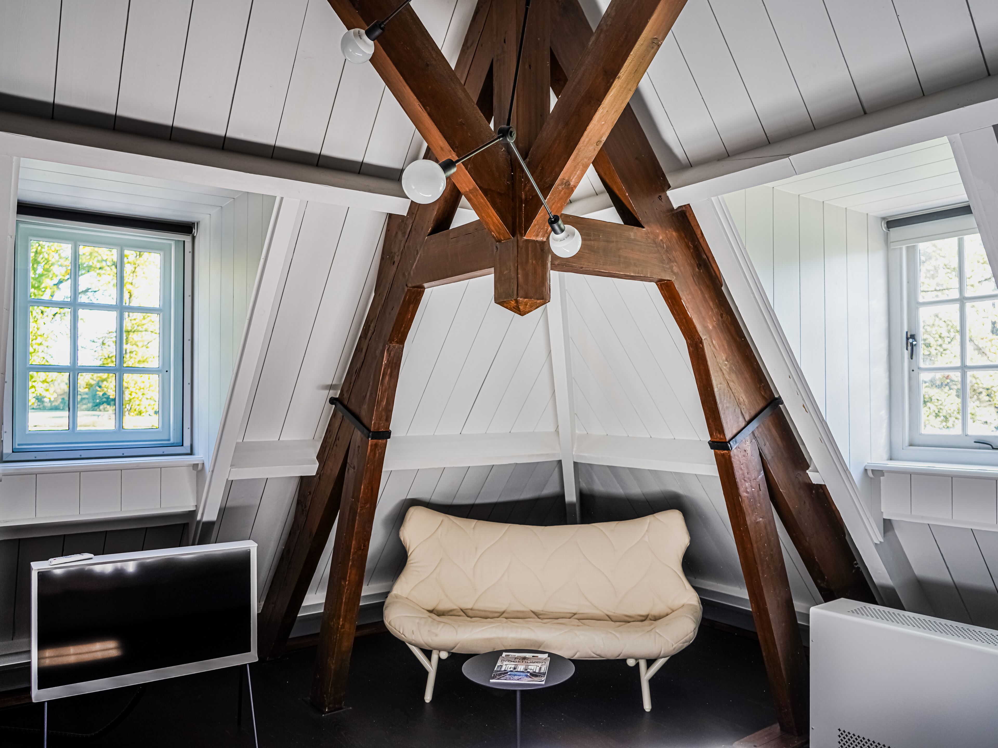 A loft-style room with a hanging chair, a flat-screen TV, and a small table.