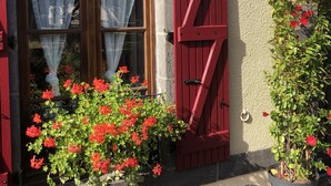 A building entrance with a wooden door, a window with lace curtains, and red flowers in the foreground. - A l'Aube des Volcans (Charbonnières-les-Vieilles)