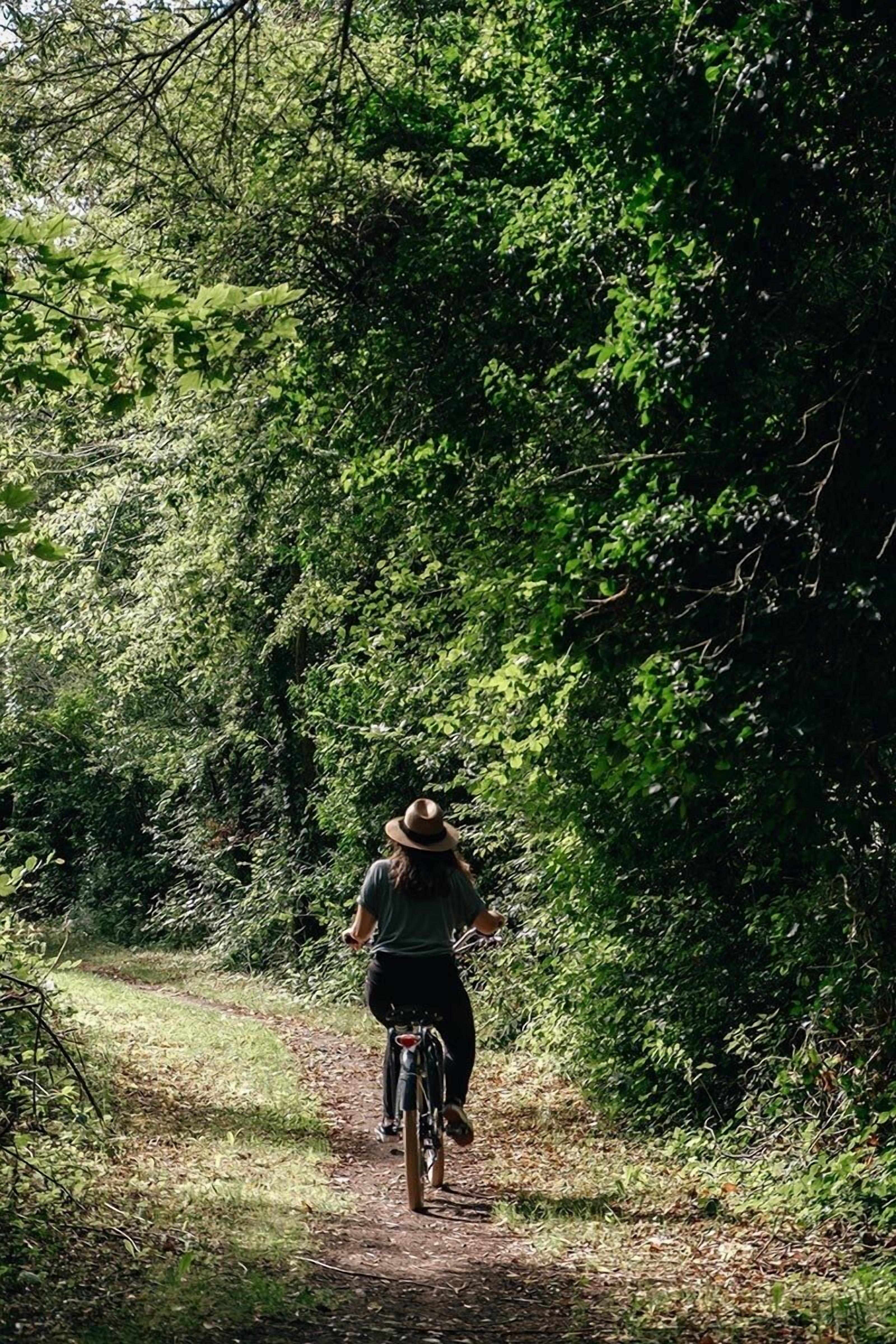 Una persona in sella a una bicicletta su un sentiero sterrato, circondata da fitta vegetazione.