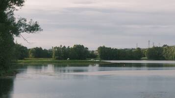 A calm lake with trees and a distant power line structure.