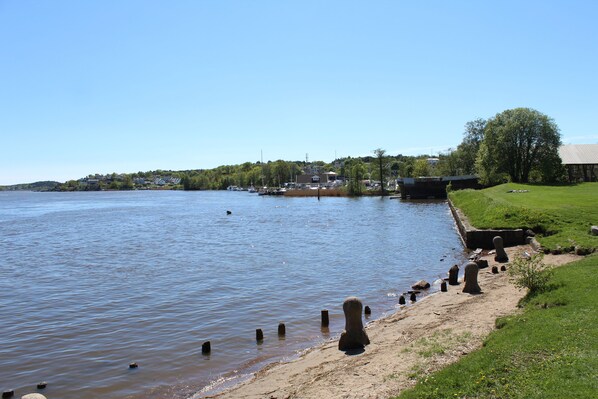 A riverside view with a sandy beach, wooden posts, and houses in the background.