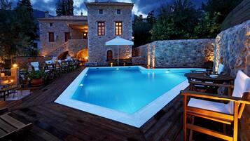 Outdoor pool, pool umbrellas, pool loungers