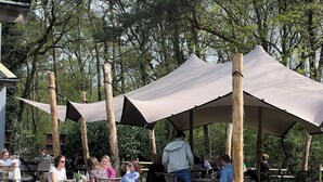 An outdoor seating area with tables and chairs under large canopies, surrounded by greenery and trees. - In de Hei (Mariahout)