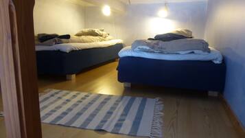 Una habitación pequeña y tenuemente iluminada con dos camas individuales, un tapete a rayas y suelo de madera.