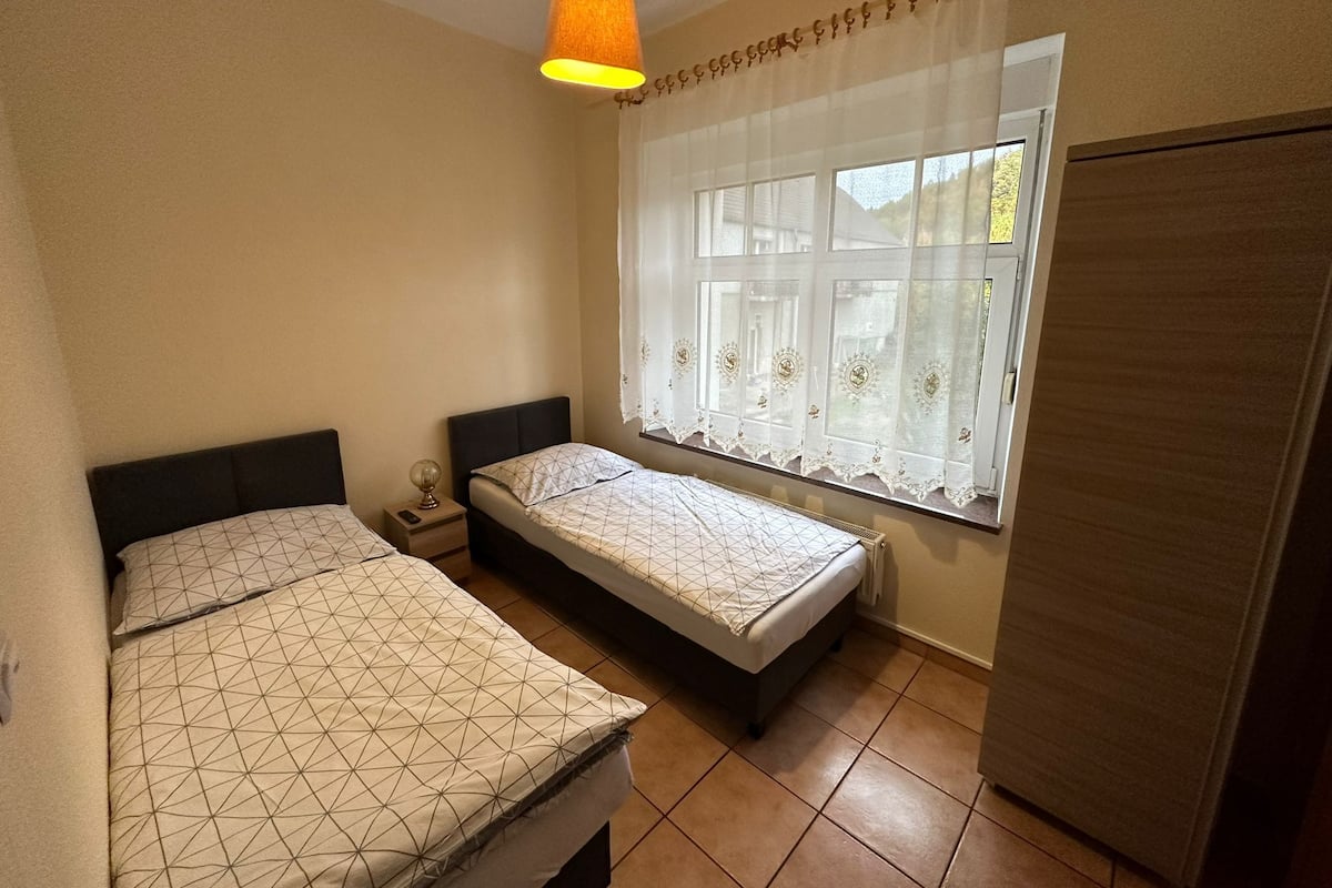 A small bedroom with two beds, a window with curtains, a lamp, and a wardrobe.