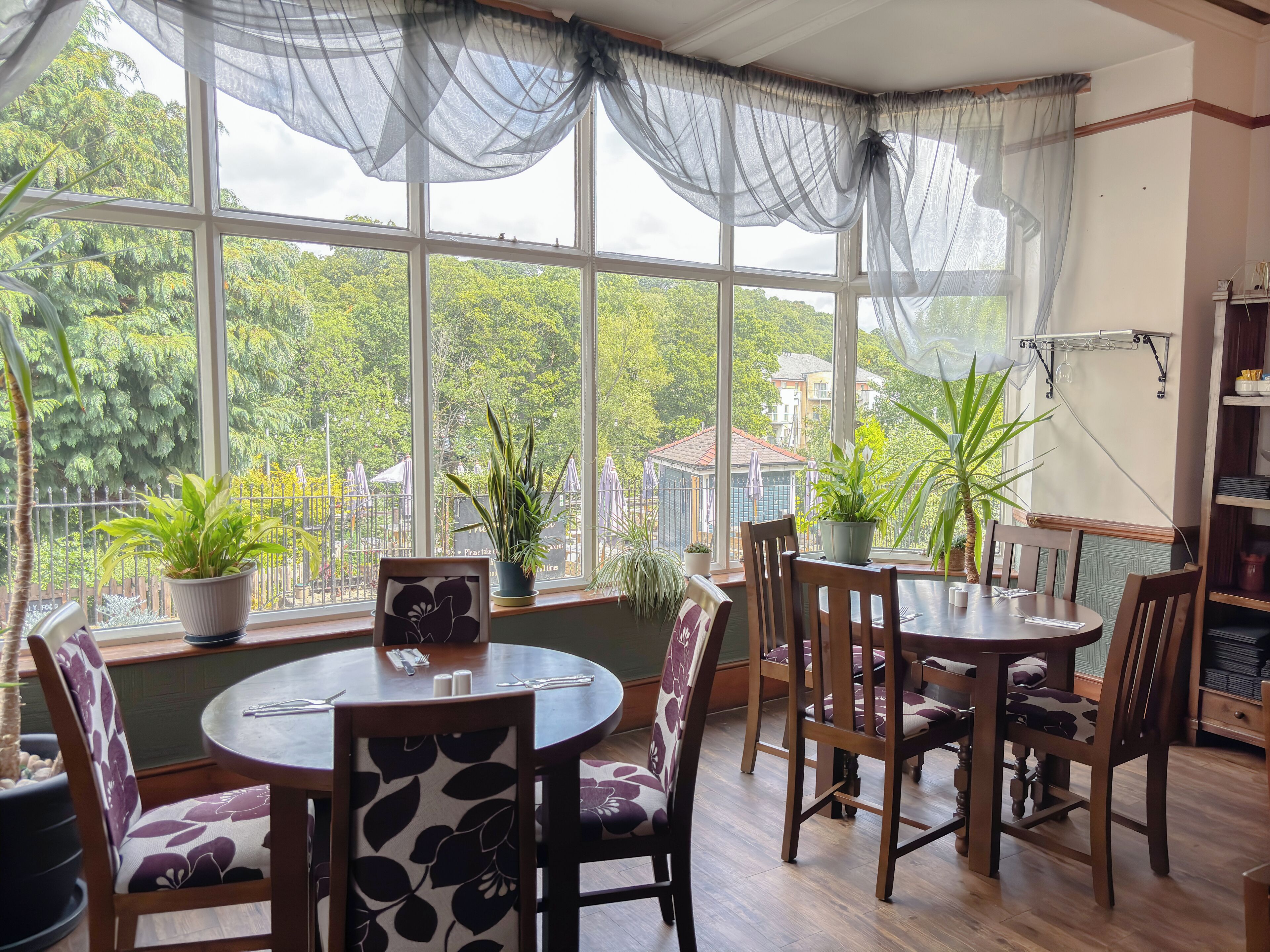 Un espace repas avec des tables et des chaises rondes, des plantes en pot et une vue sur la verdure à l’extérieur.