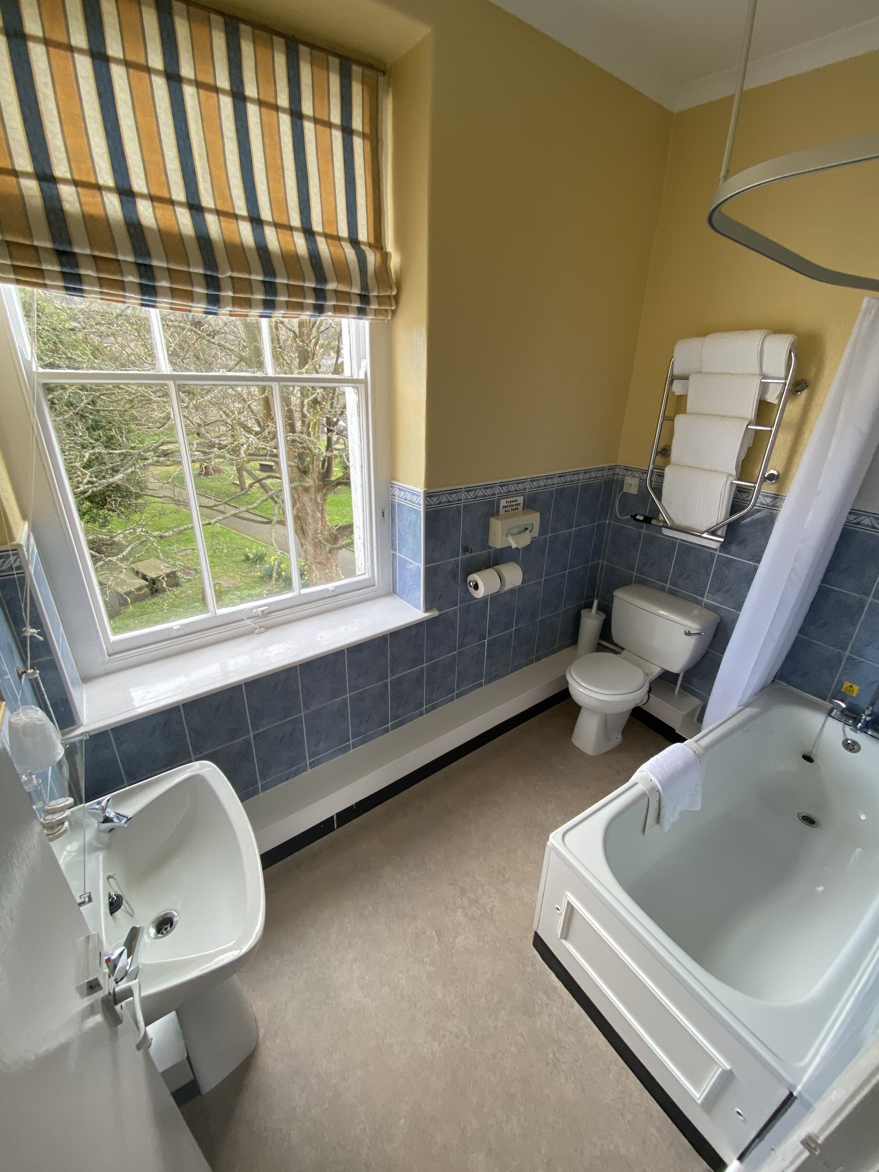 combined shower/bathtub, free toiletries, hair dryer, towels